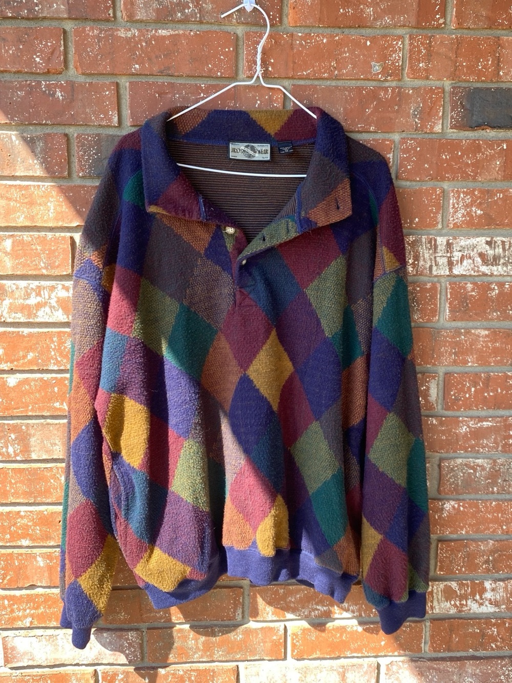 Structure Multicolor Argyle Zip-Neck Sweater in Purple, Green, Gold, Burgundy